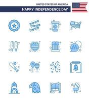 USA Independence Day Blue Set of 16 USA Pictograms of american hot dog drink corn dog thanksgiving Editable USA Day Vector Design Elements