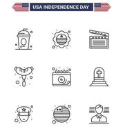 usa feliz día de la independencia pictograma conjunto de 9 líneas simples de calendario insignia de salchicha frankfurter usa elementos de diseño vectorial editables del día de estados unidos vector