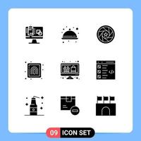 Group of 9 Modern Solid Glyphs Set for computer print aperture finger photo Editable Vector Design Elements