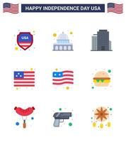 Modern Set of 9 Flats and symbols on USA Independence Day such as food fast food building burger flag Editable USA Day Vector Design Elements