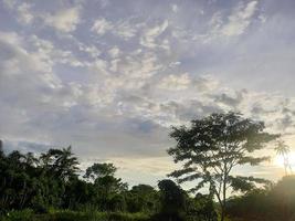 hermoso paisaje natural en el cielo azul, nubes blancas y muchos árboles verdes a su alrededor foto