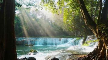 cascade de chet sao noi belle cascade de forêt profonde et lumière du soleil du matin en thaïlande video