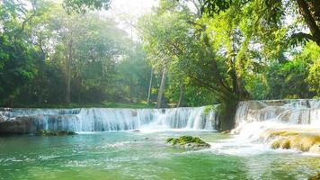 chet sao noi vattenfall skön djup skog vattenfall och morgon- solljus i thailand video