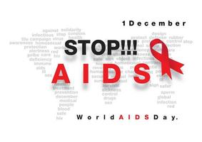 STOP A I D S and  World AIDS Day Wording with red ribbon on texts in world map style  isolate on white background. All in vector design.