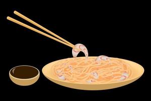 Wok noodles with shrimps in a bamboo plate with chopsticks and soy sauce on a black background. Vector image