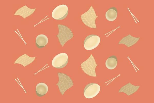 Pattern of bamboo dishes on a red background. Cups, chopsticks for sushi, mat for sushi. Ecology concept. Isolated objects. Vector image