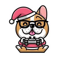 A CUTE FRENCH BULLDOG WITH CHRISTMAS HAT IS PLAYING VIDEO GAME vector