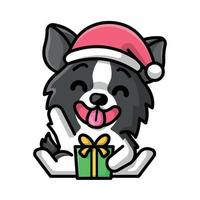 A CUTE BORDER COLLIE DOG IS WEARING A SANTA HAT AND HOLDING A PRESENT BOX vector