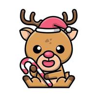 A CUTE REINDEER WITH A SANTA HAT IS HOLDING A CANDY vector