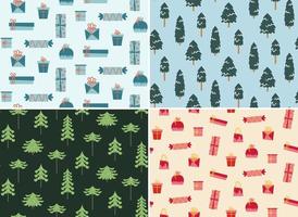 Set of Christmas seamless patterns. Textures with spruces and gifts in flat style. vector