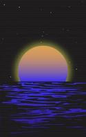 Sunset, stars and see. Synthwave graphic for poster. 80's retro design illustration. Outrun symbol in vintage VHS style. Night glowing landscape. vector