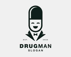 Drug Pill Capsule Pharmacy Businessman Portrait People Person Guy Suit Mascot Vector Logo Design