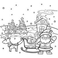 Santa and his sleigh stand in front of the hut. There is a snowman, a pine tree covered with snow. There is a cuteness. A coloring book for children. vector