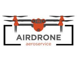 Drone Logo in realistic style. Quadcopter with camera. Colorful PNG illustration.