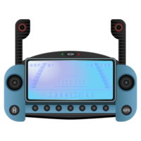 Quadcopter remote controller in realistic style. Blue Drone with camera. Colorful PNG illustration.