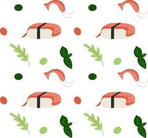 Seamless pattern Chinese eat. Shrimps, sushi shrimps, greens. Asian food. Vector illustration.