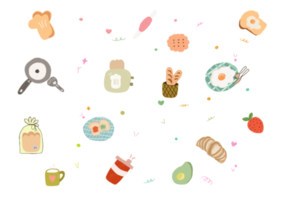 Hand drawn breakfast design with bread, eggs, avocado png