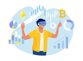 hombre trabajando con datos en el mundo virtual usando gafas vr. ciberespacio. tecnología de realidad virtual digital metaverso. realidad aumentada. hombre de negocios interactuando con interfaces, revisando gráficos financieros vector