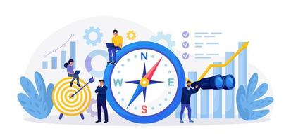 Using Compass for Navigation and Orientation in Business. Strategic Planning, Future Vision. Business Strategy Direction. Mission concept. Businessman Makes Important Decisions, Sets Goals for Company vector