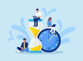 Tiny people and huge hourglass, alarm clock. Team working together with laptops. Time management and business planning. Time is money.  Deadline. Young employees work near the dial of a large watch. vector
