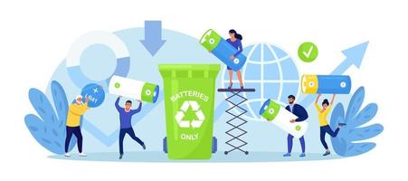 reciclaje de batería. la gente pone baterías en la papelera, contenedor para reciclaje y separación de basura, practica la clasificación de residuos. ecología conservación del medio ambiente. triturador de basura, ambiente limpio vector