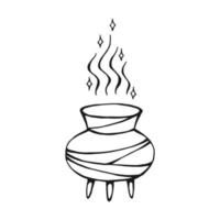 Boiling magic cauldron. Hand drawn vector illustration isolated on white background.