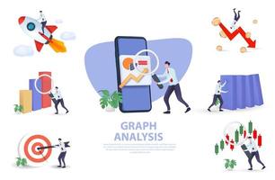 3D Set of People interacting with charts and analyzing statistics. Data visualization concept. vector