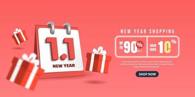 Venta de año nuevo 1.1 con calendario 3d. diseño de plantilla de banner de ventas de enero para redes sociales y sitio web. vector