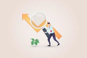 3D Business analysis, calculate or research for market growth, financial report, investment data or sale information concept, smart businessman analyst holding magnifying glass analyze graph vector