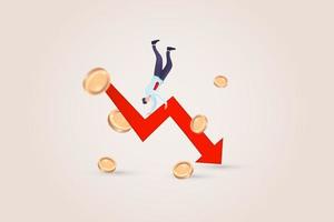 3D chart arrow and Falling coins. Arrow of the chart falls down and several stacks of gold coins vector