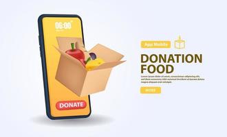 Donación de alimentos en 3d para el diseño de volantes. caja de comida de donación y con teléfono móvil aislado sobre fondo blanco.