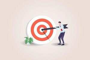 3D Business goals, goals or targets, goals and resolutions to achieve success, aspirations and motivation to achieve goals concept, confident businessman standing with arrow on target vector