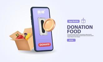 Donación de alimentos en 3d para el diseño de volantes. caja de comida de donación y con teléfono inteligente aislado sobre fondo blanco. vector