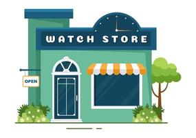 edificio de la tienda de relojes donde compra relojes de varios modelos, analógicos y digitales en dibujos animados planos dibujados a mano ilustración de plantillas vector