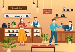 Watches Store with Various Models, Analog and Digital in Flat Cartoon Hand Drawn Templates Illustration vector