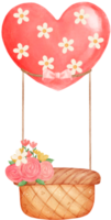 söt valentine kärlek hjärta ballong med trä- korg vattenfärg tecknad serie png