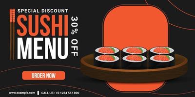 banner de descuento de venta de sushi dibujado a mano de comida asiática vector