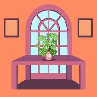 Room with a window, a table and monstera in a ceramic pot vector