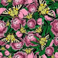 Seamless floral pattern with tiger swallowtail  butterflies in peonies vector