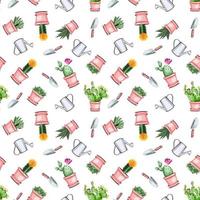 Seamless floral pattern with cactuses, succulents, and garden equipment vector