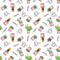 Seamless floral pattern with cactuses, succulents, and garden equipment vector