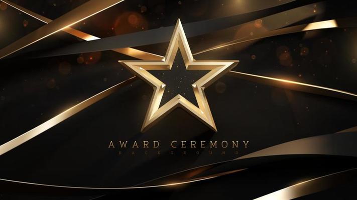 Award ceremony background with 3d gold star and ribbon element and glitter light effect decoration.