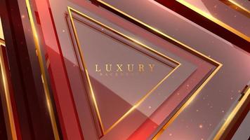 Red luxury background with golden triangle frame elements on glass surface and glitter light effect decoration and bokeh. Realistic 3d style design. Vector illustration.