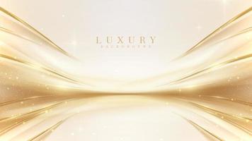 Luxury cream color background with golden line elements and curve light effect decoration and bokeh. vector