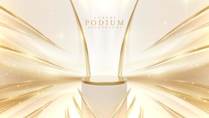 Product display podium with golden curve line element and glitter light effects decorations and bokeh. 3d realistic luxury background. Vector illustration.