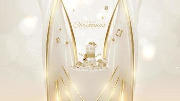 Luxury background and gold curve lines elements with 3d realistic christmas ornaments on podium and sparkling light effect with bokeh decorations and snow. Vector illustration.