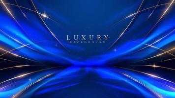 Blue luxury background with golden line decoration and curve light effect with bokeh elements. vector