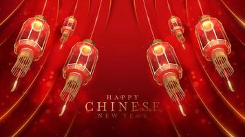 Realistic red chinese new year lanterns with gold curve lines elements and glitter light effects decoration and bokeh. 3d luxury style background. Vector illustration.