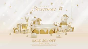 Luxury background with product display podium and 3d realistic christmas ornaments and sparkling light effect with bokeh decorations and snow. Vector illustration.