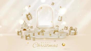 Luxury style background with 3d realistic christmas ornaments and glass bottle and product display podium with snow elements and glitter light effect decorations and bokeh. Vector illustration.